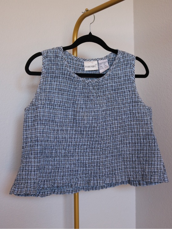 Fashion Bug Tops - Vintage Fashion Bug Smocked Plaid Crop Top 100% Cotton Sky Blue Navy Yellow L